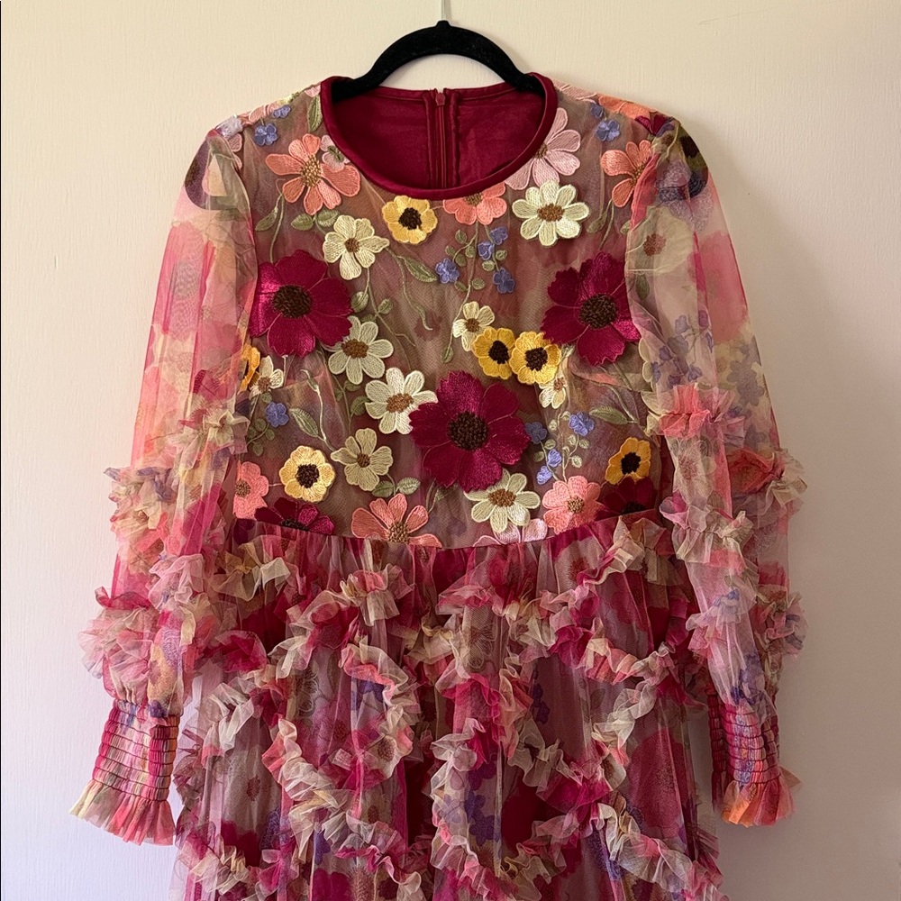 Floral Embroidered Ruffle Tulle Dress in Burgundy & Multicolor